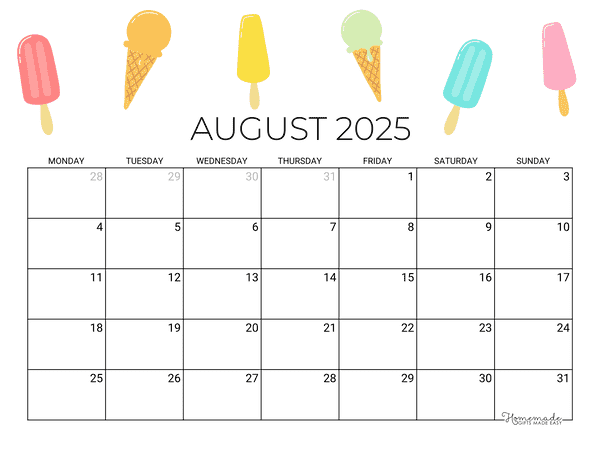 August Calendar 2025 Printable Summer Popsicle Landscape Monday Start