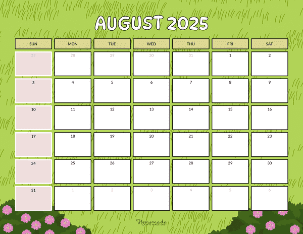 August Calendar 2025 Simple Grassy Meadow