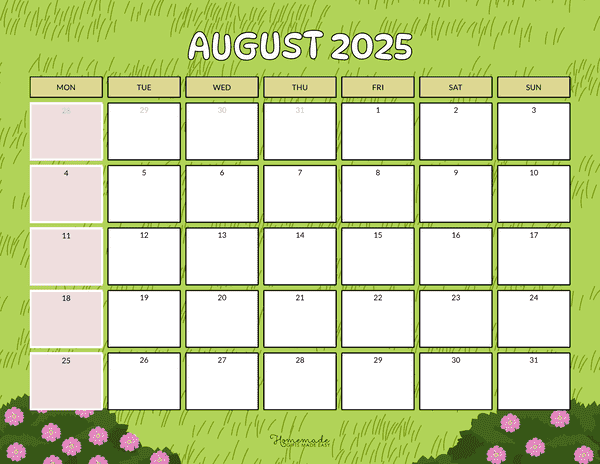 August Calendar 2025 Simple Grassy Meadow Monday Start