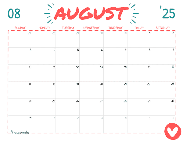 August Calendar 2025 Simple Playful