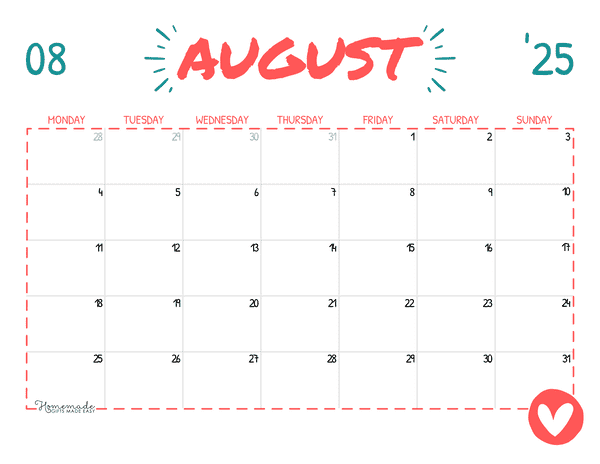 August Calendar 2025 Simple Playful Monday Start