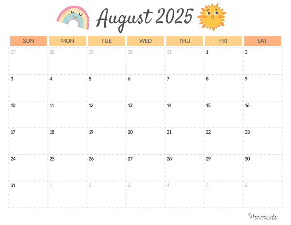 August Calendar 2025 Simple Summer Orange