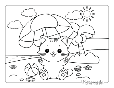 Beach Coloring Pages Cute Easy Cat at Beach for Kids