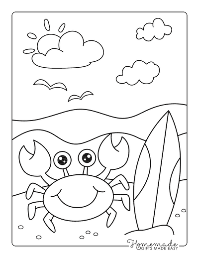 Beach Coloring Pages Cute Easy Crab Surfboard for Preschoolers