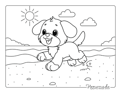 Beach Coloring Pages Cute Easy Dog Running for Kids