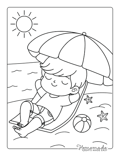 Beach Coloring Pages Easy Relaxing Boy on Beach for Kids