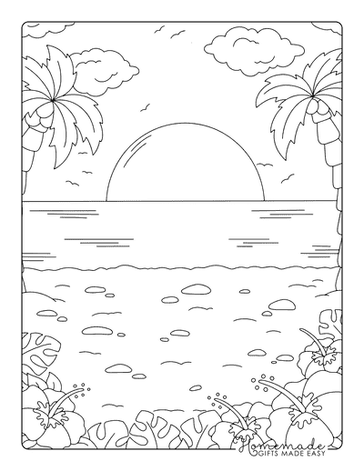 Beach Coloring Pages Easy Tropical Beach Sunset for Adults