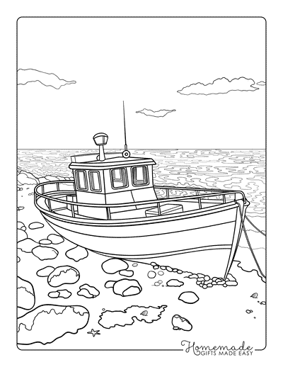 Beach Coloring Pages Simple Realistic Boat on Beach for Adults