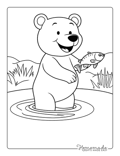 Bear Coloring Pages Cute Bear Holding Fish