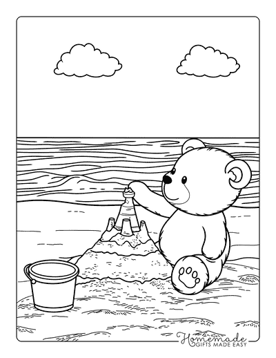 Bear Coloring Pages Cute Teddy Bear Building Sandcastle