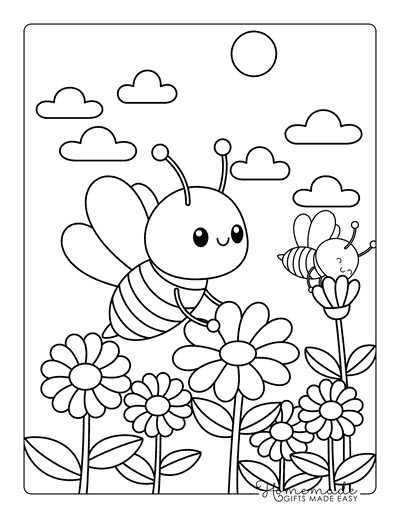 Bee Coloring Pages Cute Easy Bee in Flower Meadow