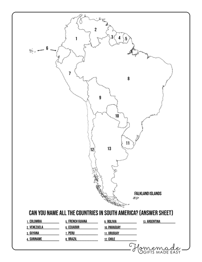 Blank South America Map Simple Outlines Name Countries Worksheet Answers
