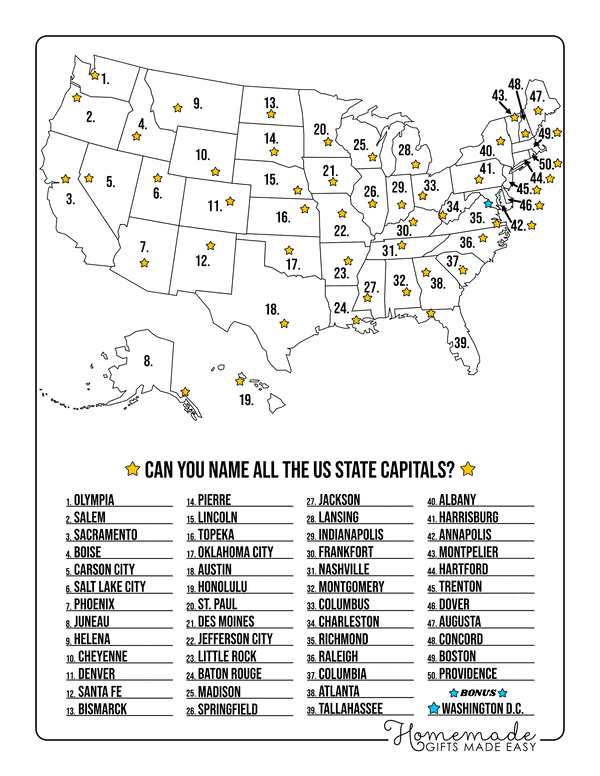 Blank Us Map Black White State Capitals Answers