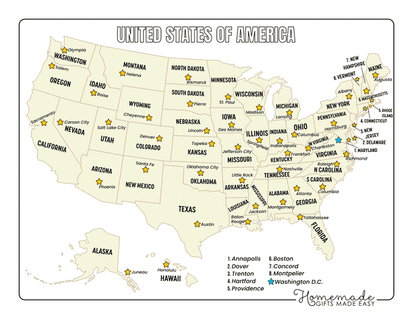 Blank Us Map Black White State Names and Capitals