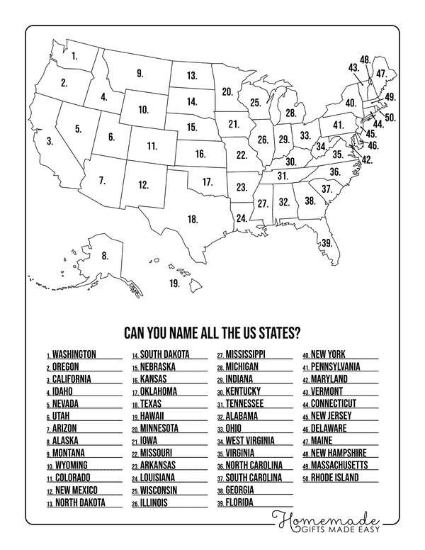 Blank Us Map Black White State Names Answers