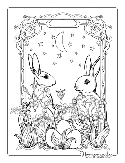 Bunny Coloring Pages Vintage Rabbits Eggs Flowers