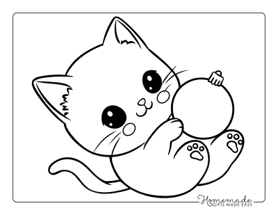 Christmas Coloring Pages Cute Cartoon Cat Playing With Ornament