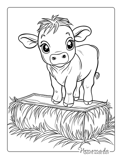 Cow Coloring Pages Cute Baby Cow on Hay Bale