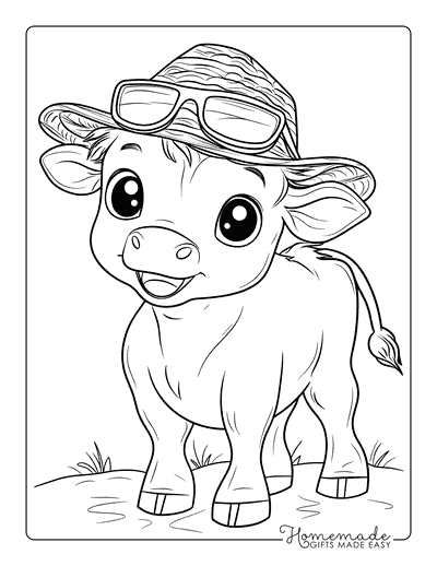 Cow Coloring Pages Cute Baby Cow Straw Hat Sunglasses