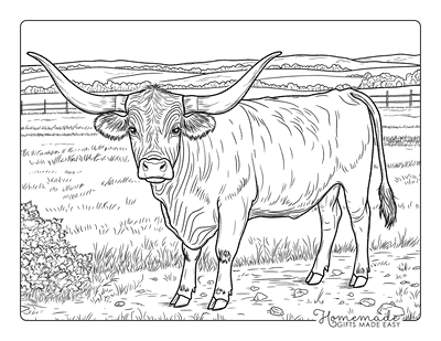 Cow Coloring Pages Realistic Longhorn in Pasture