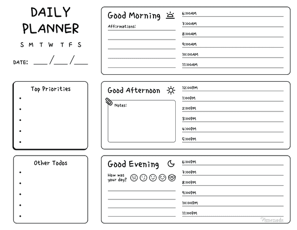 Daily Planner Template Landscape Daytime Sections