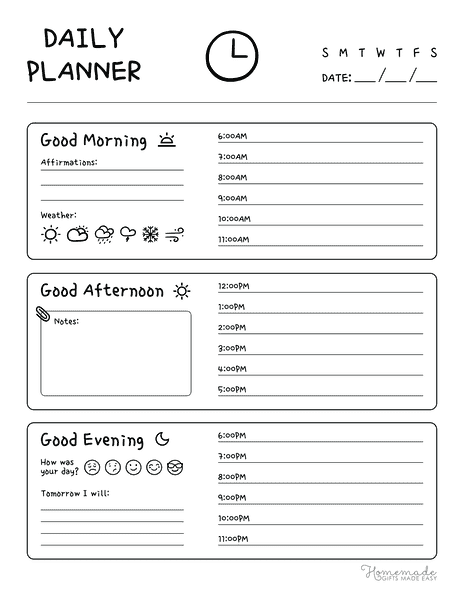 Daily Planner Template Portrait Daytime Sections