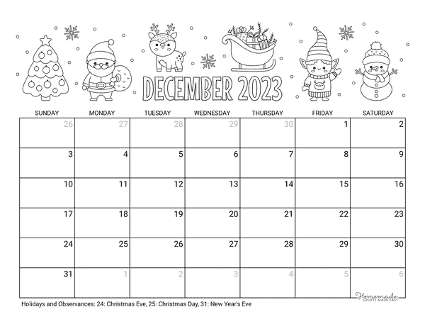 December Calendar 2023 Printable Christmas Holidays Coloring Landscape