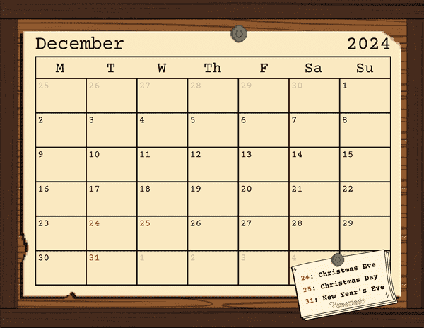 December Calendar 2024 16 Bit Notice Board Mon Start