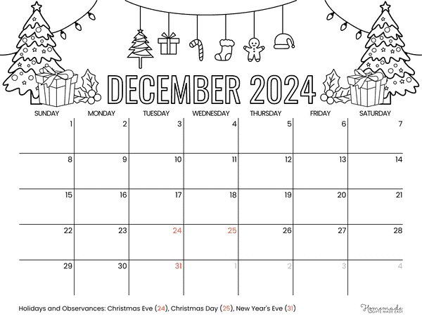 December Calendar 2024 Christmas to Color