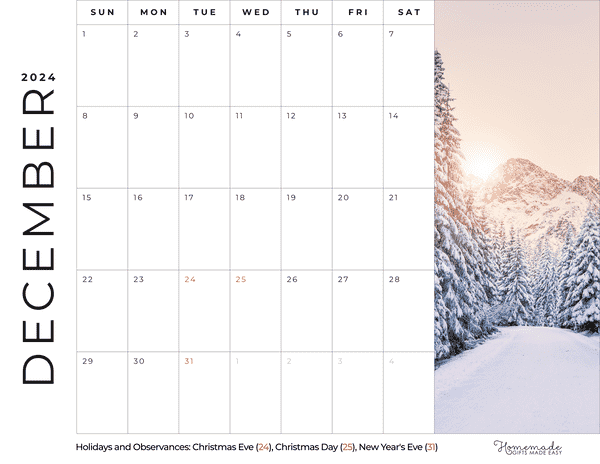 December Calendar 2024 Minimalist Winter Scene