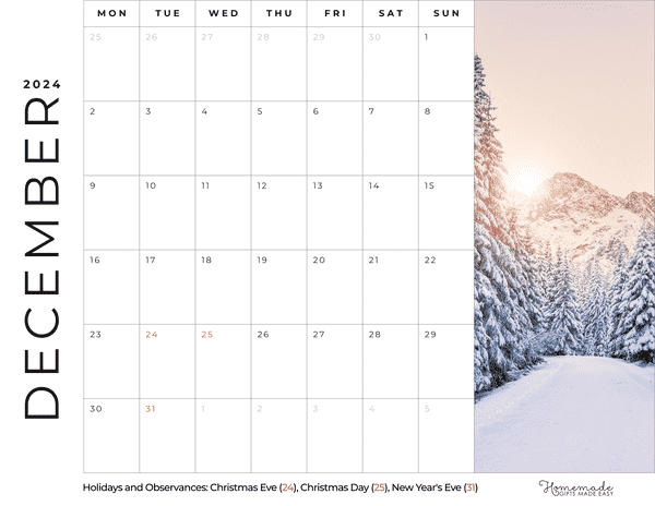 December Calendar 2024 Minimalist Winter Scene Mon Start