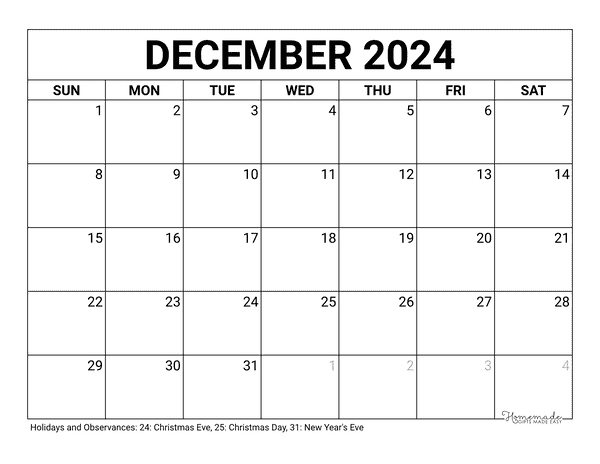 December Calendar 2024 Printable Blank