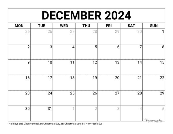 December Calendar 2024 Printable Blank Monday Start