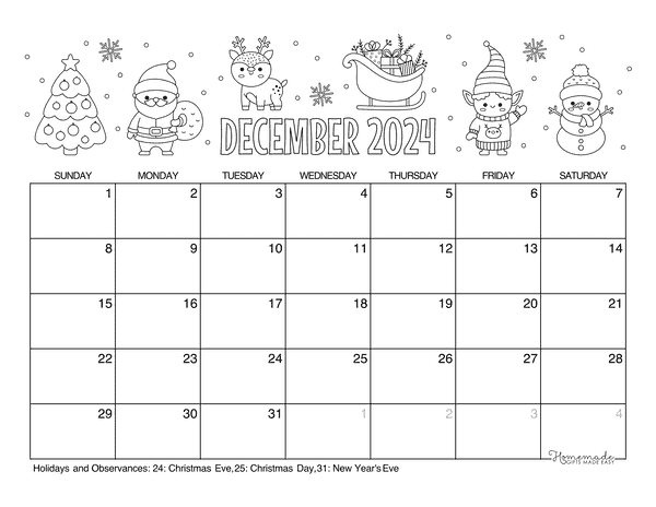 December Calendar 2024 Printable Christmas Holidays Coloring Landscape