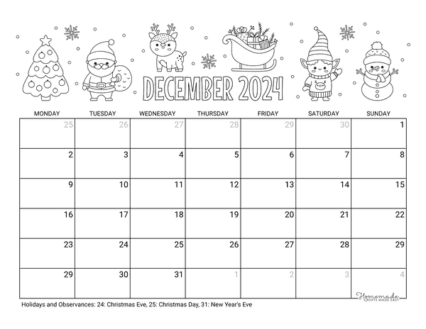 December Calendar 2024 Printable Christmas Holidays Coloring Landscape Monday Start