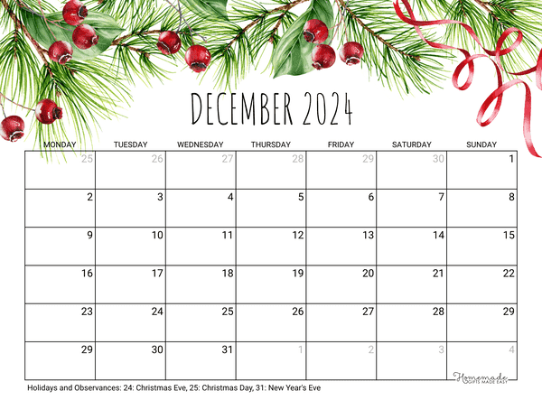 December Calendar 2024 Printable Christmas Landscape Monday Start