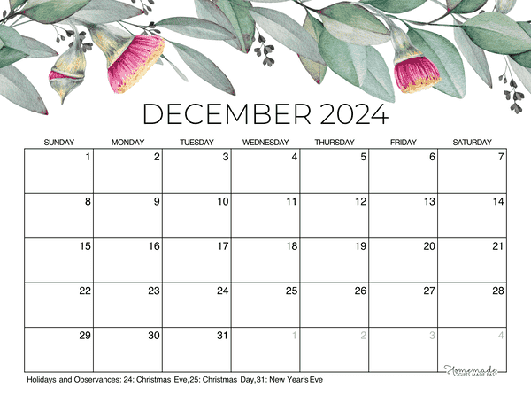 December Calendar 2024 Printable Eucalyptus