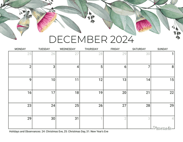 December Calendar 2024 Printable Eucalyptus Monday Start