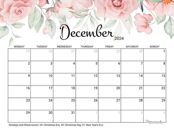 December Calendar 2024 Printable Rose Monday Start