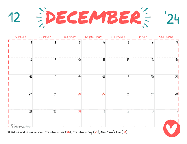 December Calendar 2024 Simple Playful