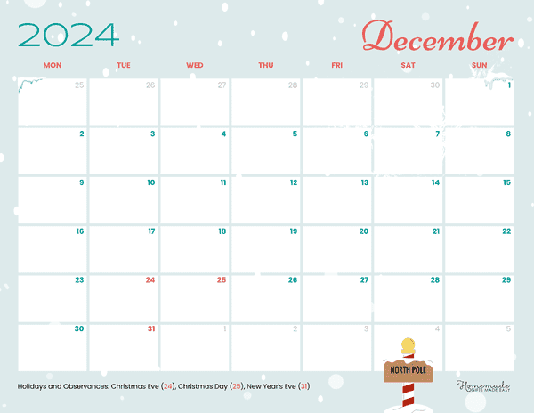 December Calendar 2024 Snowy North Pole Mon Start