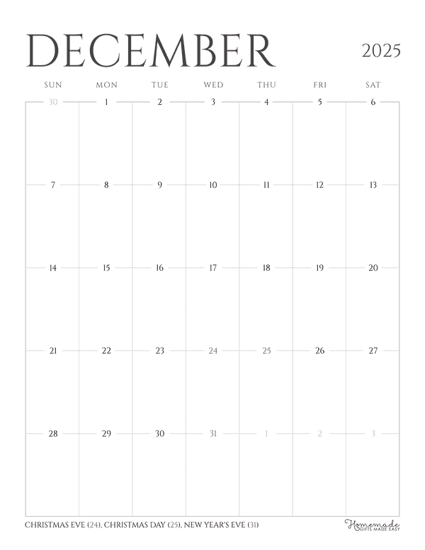 December Calendar 2025 Grayscale Minimalist Portrait