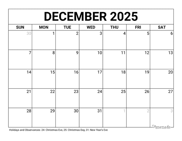 December Calendar 2025 Printable Blank