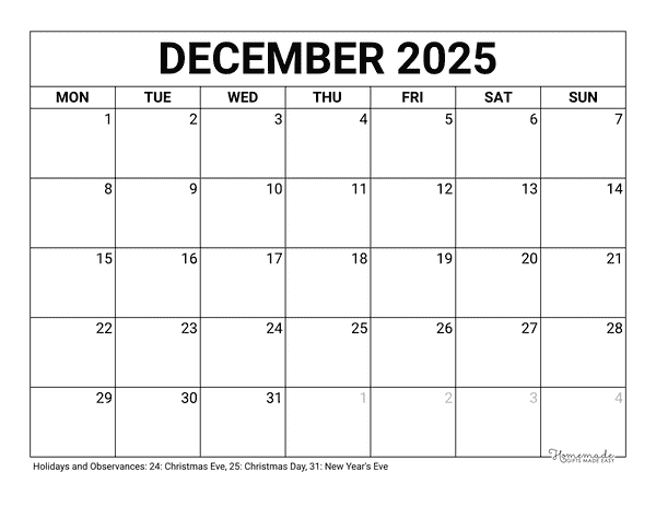 December Calendar 2025 Printable Blank Monday Start