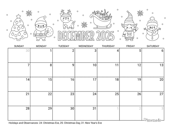 December Calendar 2025 Printable Christmas Holidays Coloring Landscape