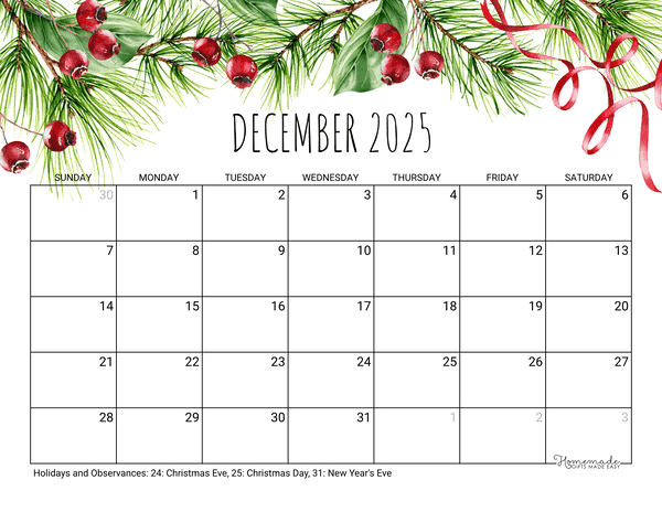 December Calendar 2025 Printable Christmas Landscape