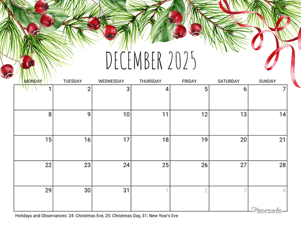 December Calendar 2025 Printable Christmas Landscape Monday Start