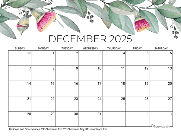 December Calendar 2025 Printable Eucalyptus