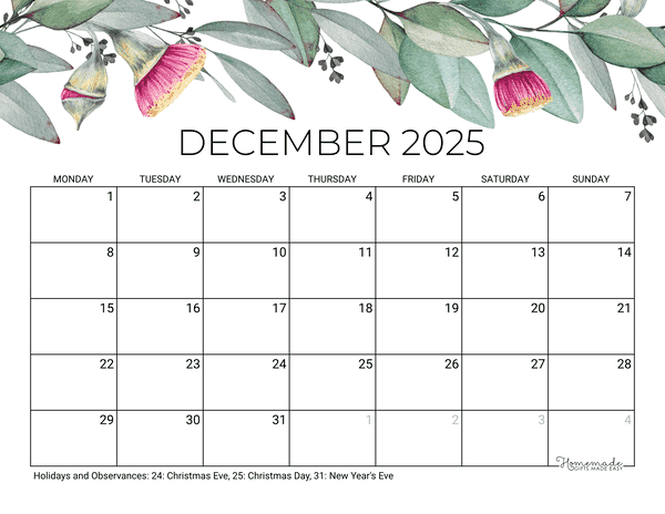 December Calendar 2025 Printable Eucalyptus Monday Start