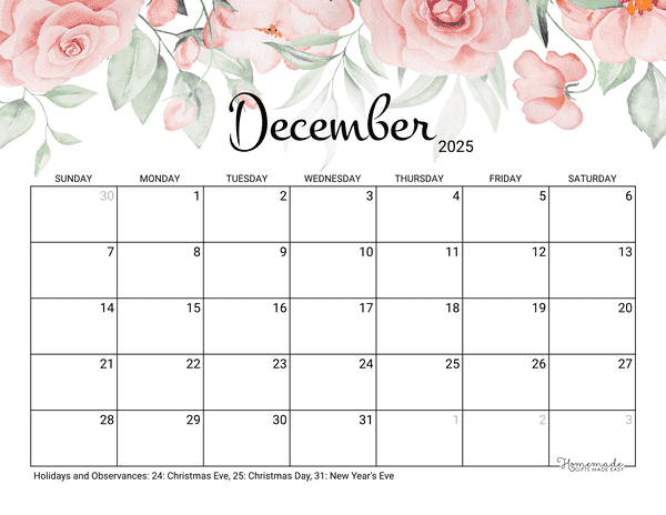 December Calendar 2025 Printable Rose